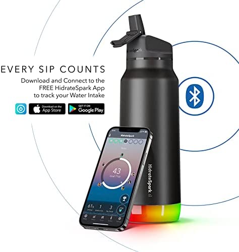 HidrateSpark PRO Smart Water Bottle Stainless Steel - Tracks Water Intake & Glows to Remind You to Stay Hydrated , Straw Lid, 32oz, Black - Image 2